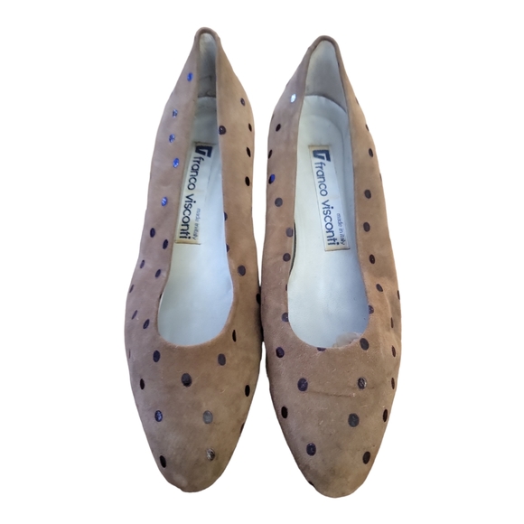 Vintage 80's Franco Visconti Vera Pelle Brown Suede Polka Dot Pumps Size 37 1/2 - Picture 8 of 10